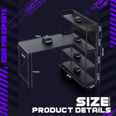 Г-подібний стіл Yansee, ігровий стіл з полицею, світлодіодне освітлення, порт зарядки USB, порт Type-C та розетка, кутовий стіл для домашнього офісу 120 x 50 x 75,5 см, чорний