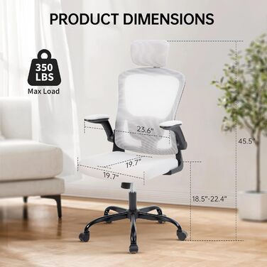 Ергономічне офісне крісло, регульована спинка з сітки з поперековою опорою та підголівником зручне обертове сидіння для дистанційної роботи/домашнього офісу (сталевий сірий легке складання за 10 хвилин)