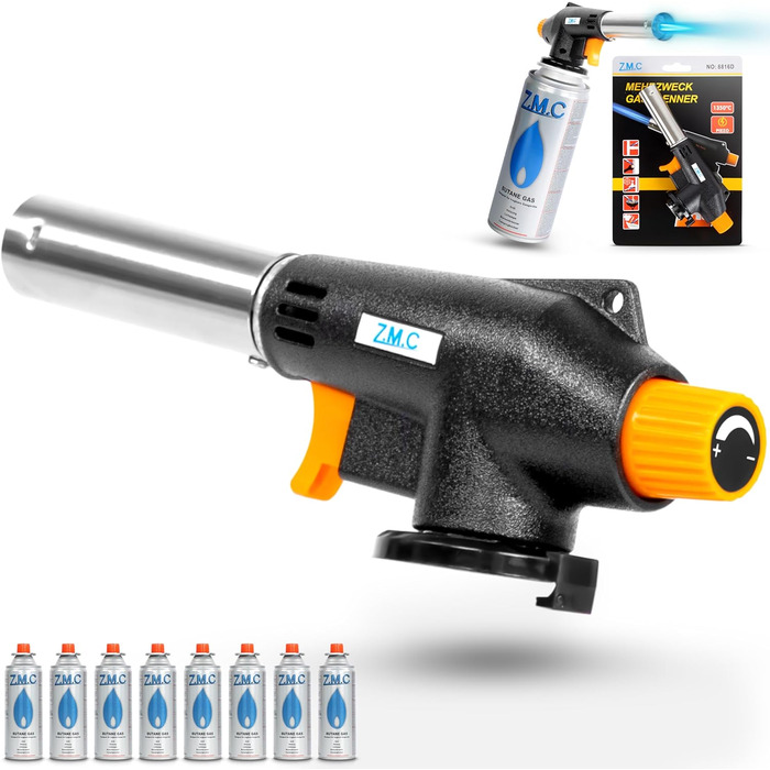 Газовий пальник Z.M.C 8 газових картриджів 227 г, пальник фламбе до 1300C, пальник Бунзена 1,3 кВт, паяльний пальник, кухонний пальник з регульованим полум'ям