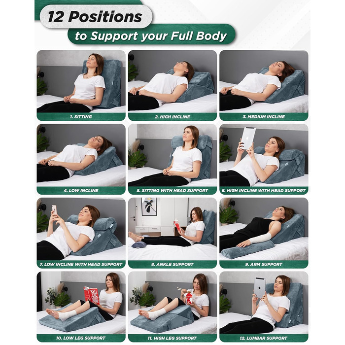 Ортопедичний комплект подушок-клинів Lunix LX6 з 3 предметів, піна з ефектом пам&39яті після операції для полегшення болю в спині, ногах та колінах, подушка для сидіння та читання, регульовані подушки для лікування кислотного рефлюксу та ГЕРХ для сну, тем