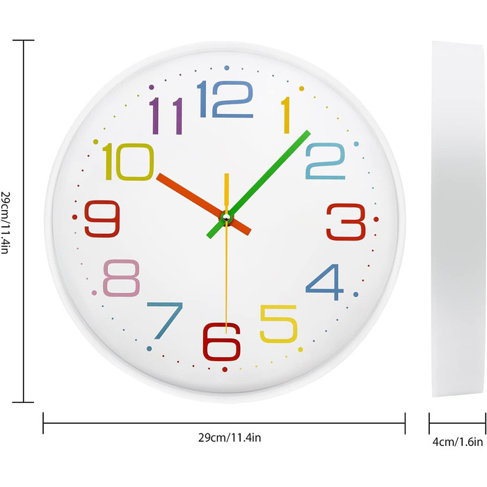 Дитячий настінний годинник без цокання 30см Кольорові цифри Сучасний кварцовий безшумний настінний годинник на батарейках для дитя