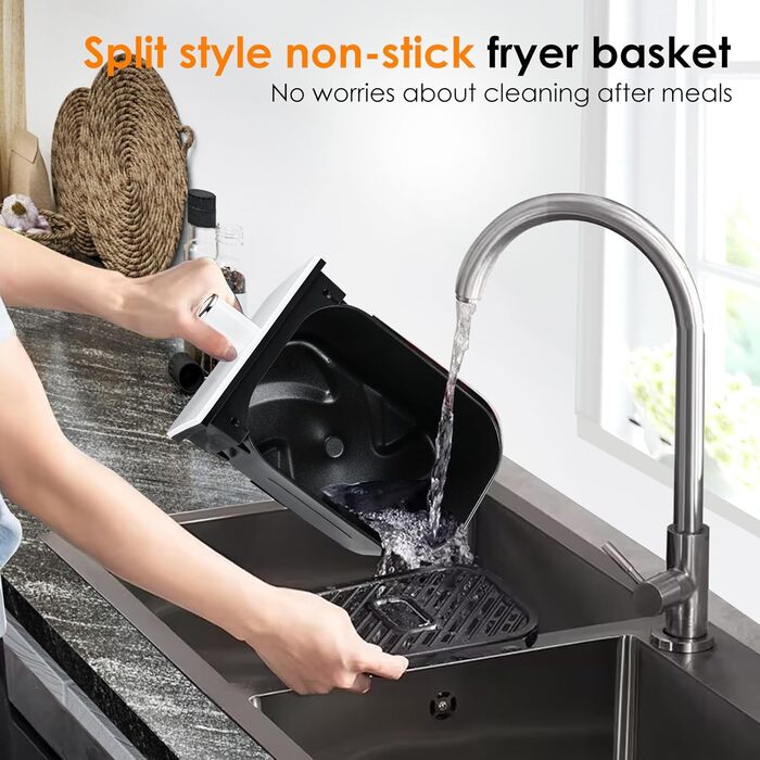 Двокамерна фритюрниця Skyehomo 2100 Вт, цифрова фритюрниця з подвійним кошиком із прозорим вікном, програми 14 в 1 і світлодіодний сенсорний екран, двокамерна фритюрниця без бісфенолу А майже без олії, резерв 24 години