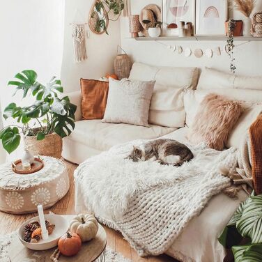 Кругла підлогова подушка Mandala Life ART XXL з помпонами, бежева, великий пуф/табурет, подушка для сидіння в стилі бохо, розкішна з художнім декором кімнати, плюшева, 100 бавовна, без наповнювача, 60x20 см, чохол для подушки 60x20 см, бежевий