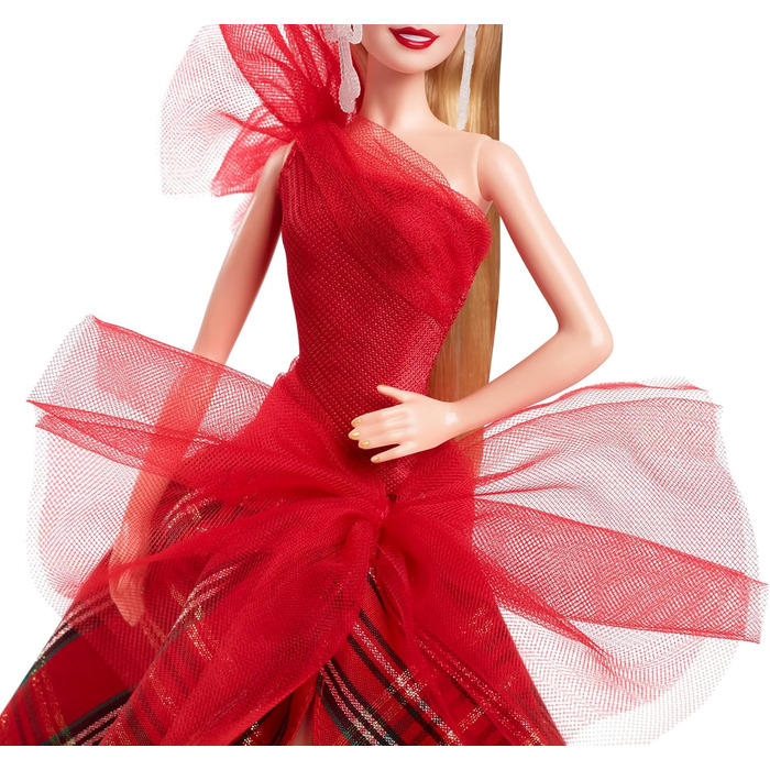 Фірмова лялька Барбі, святкова модна лялька-блондинка 2024 року, одягнена в сукню з картатою спідницею, сезонний подарунок для кол