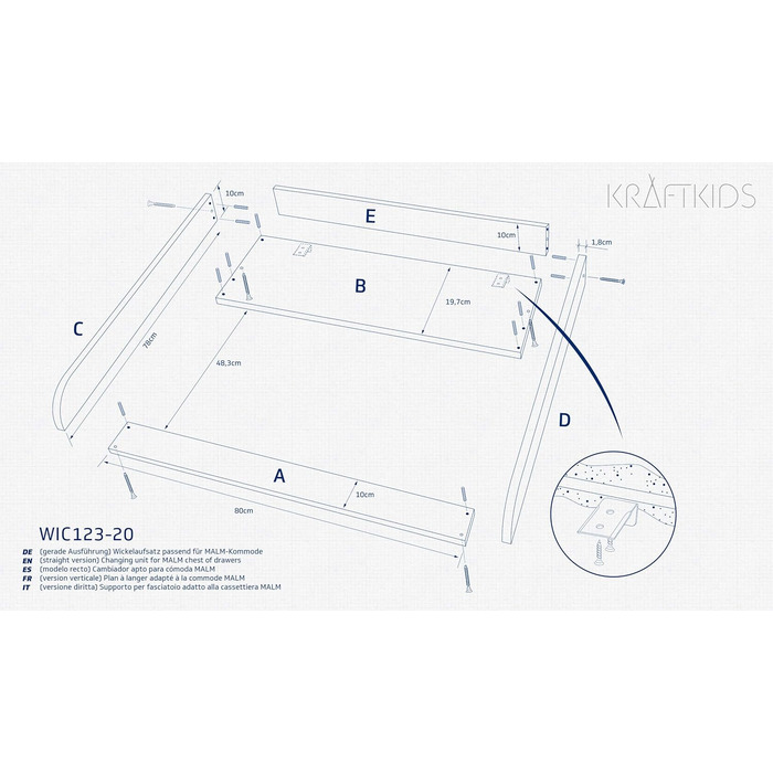 Кріплення для пеленального столика KraftKids, біле, прямий дизайн, підходить для комода MALM