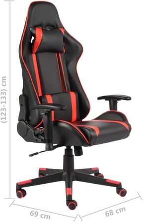 Ергономічне поворотне ігрове крісло, червоний ПВХ з 2 подушками, регульоване по висоті офісне крісло з високою спинкою та колесами для комфорту та підтримки, вантажопідйомність до 110 кг