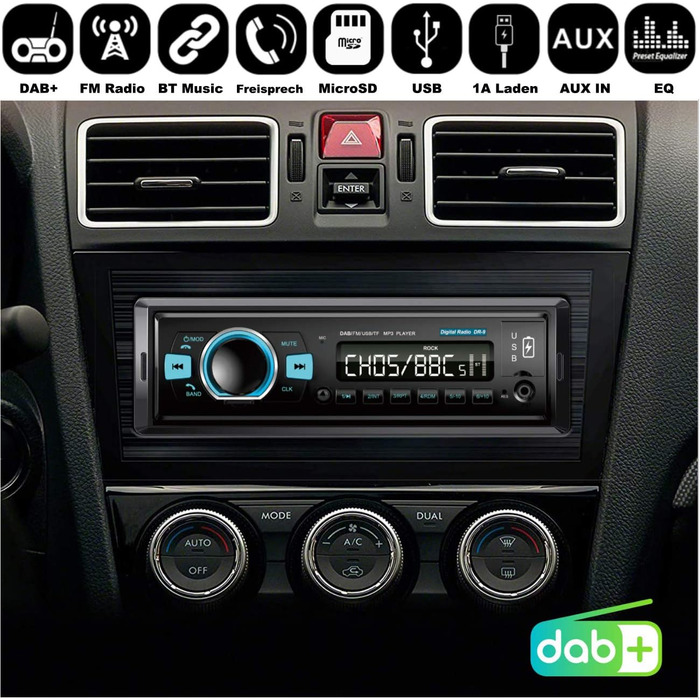 Автомобільна радіостанція DAB з музикою Bluetooth Гучний зв'язок I FM-радіо I 1A Функція заряджання смартфона I microSD USB AUX IN (ipod) I Вбудований мікрофон I Пульт дистанційного керування на кермі I 1 DIN mp3 WAV, 9