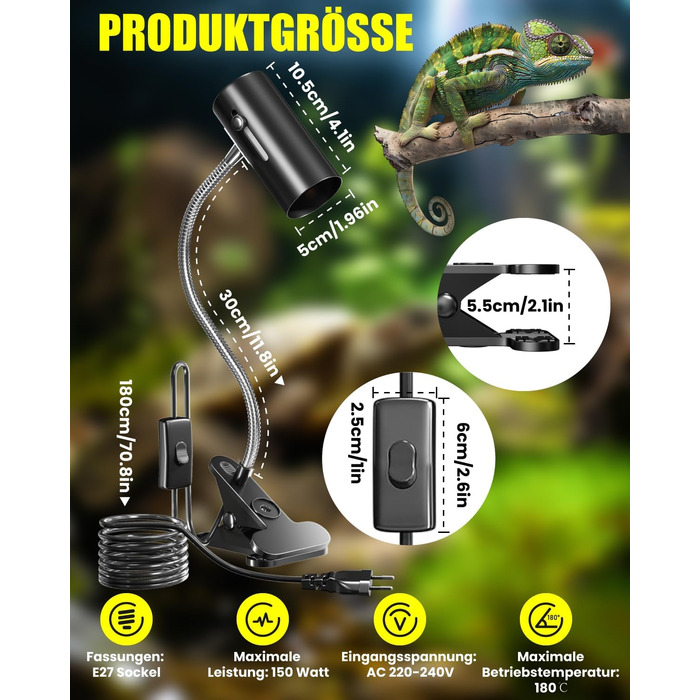 Лампа для тераріуму BrightArk Turtle Heat Lamp 50W UVA/UVB Reptilium Heater Lamp with Regulated Clip Cover E27 Pattern Cover for Cherry Spider, Jastrits, Amphibias (2 лампочки в комплекті)
