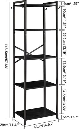 Книжкова полиця YMYNY, 5-рівнева полиця для зберігання, полиця для рослин, стійка для зберігання зі сталевим каркасом, для вітальні, офісу, кабінету, коридору, індустріальний стиль, чорна HBC005B 147 см чорного кольору