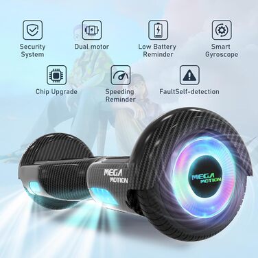 Гіроскутер MEGA MOTION 6,5 дюймів з ховеркартом – для дітей, молоді та дорослих, з Bluetooth-динаміком, світлодіодним підсвічуванням, чорний картинг