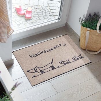 Килимок для дверей Salonloewe, що миється, 50x75 см, Hereingedackelt Family Beige, з мотивом сімейної такси, брудозбірний килимок, килимок для очищення, килимок для дверей для собак 50 x 75 см (прямокутний), бежевий