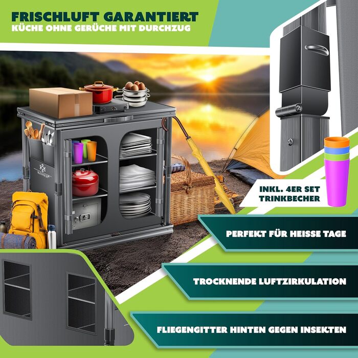 Складана кемпінгова кухня KESSER Кемпінгова шафа для вулиці 84x80 см Кухонна шафа з алюмінієвим каркасом, 6 полиць, включаючи набір чашок з 4 предметів, бічні кишені та москітну сітку Кемпінгова кухня виготовлена з тканини, стійкої до ультрафіолету, 6 пол