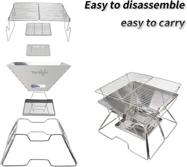 Портативний гриль на деревному вугіллі Tentock, гриль для пікніка, кемпінговий складаний гриль, нержавіюча сталь, відкритий плоский гриль для барбекю, вітрозахисний кемпінговий гриль з сумкою для перенесення для саду, походів, пікніка, риболовлі, срібляст