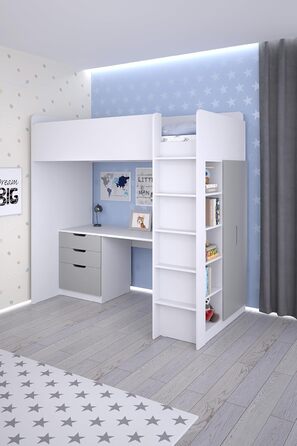 Дитяче ліжко-горище Shefa з письмовим столом - компактне ліжко-горище 5-в-1 для дітей зі сходами, шафою, полицею та робочою зоною - сірого кольору, вантажопідйомність до 90 кг, розміри 206 x 107 см