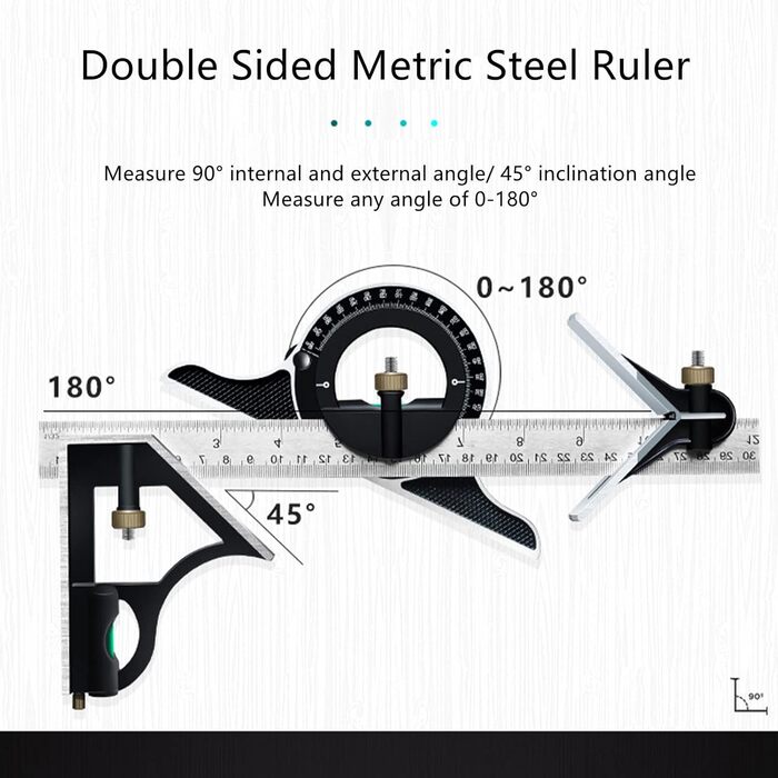 Комбінований кутник KMERCE 300 мм Професійний, кутова лінійка з нержавіючої сталі, комбінований теслярський кутник, з рівнем і практичним шнуром для витягування, ідеально підходить для теслярських робіт