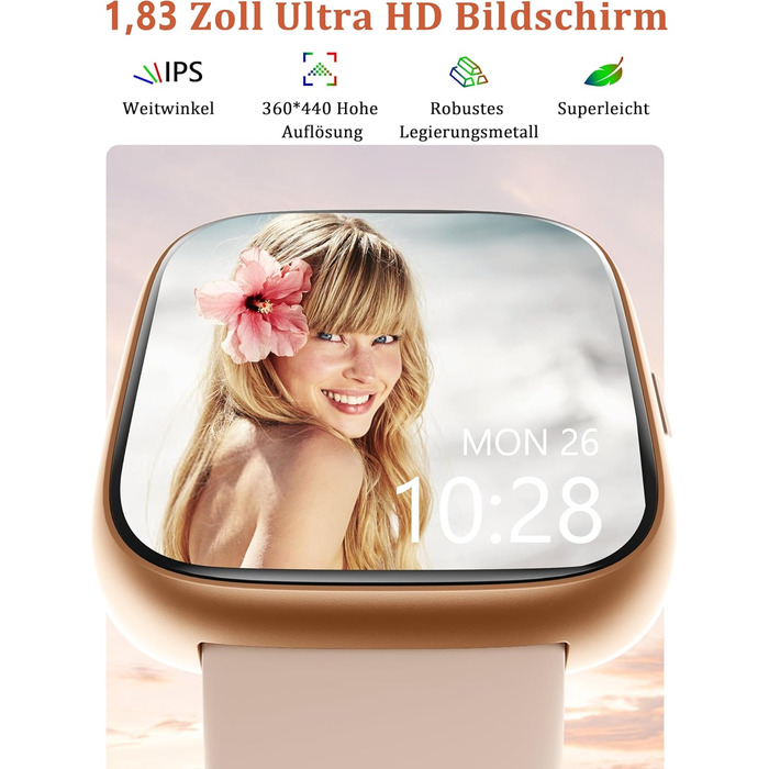 Розумний годинник Alexa для жінок та чоловіків, фітнес-годинник 1,83 дюйма з функцією телефону, водонепроникний IP68, понад 100 спортивних режимів, серцевий ритм, стрес, SpO2, сон, фітнес-трекер для Android та iOS, бежевий