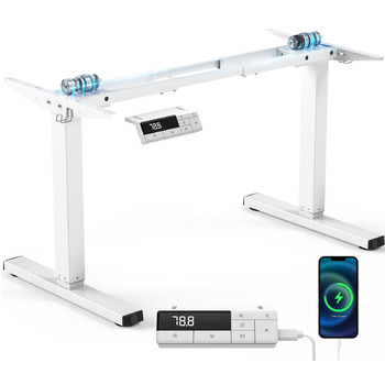 Каркас столу з регулюванням висоти, 2 потужними двигунами, 3 налаштуваннями пам&39яті та нагадуванням про можливе кріплення сидячи/встаючи, функцією захисту від зіткнень, вантажопідйомністю 150 кг, портом USB-C, 2 гачками, білий колір