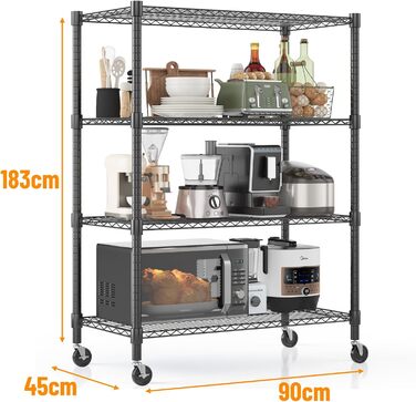 Рівнева дротяна полиця Himimi з колесами та ніжками, регульована по висоті, металева полиця для зберігання для кухні, ванної кімнати, спальні, вітальні, вантажопідйомність 500 кг, 90 * 45 * 183 см, чорна, 4-