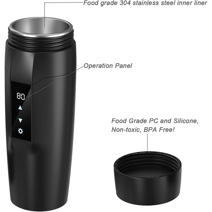 Портативний автомобільний чайник з підігрівом, 350 мл, кружка з нержавіючої сталі 304, регульована від 40 до 100 , колба для швидк