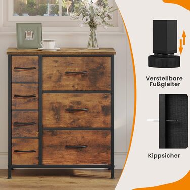 Комод WOLTU з 7 тканинними шухлядами, велика місткість, міцний металевий каркас, для вітальні, спальні, коридору, вінтажний коричнево-чорний, 63,5x30x73 см, SSK008shm Вінтажний вигляд дерева, 7 тканинних шухляд