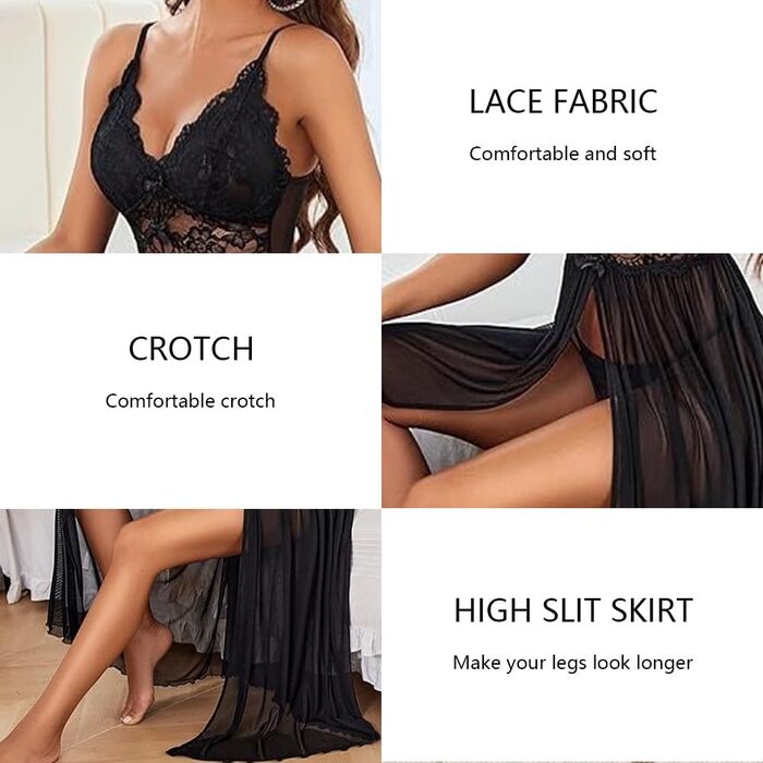 Комплект жіночої сексуальної білизни мереживна білизна з сіткою, нічна сорочка-леді з V-подібним вирізом, нічна сорочка-корсет з боковим розрізом (чорний, L)