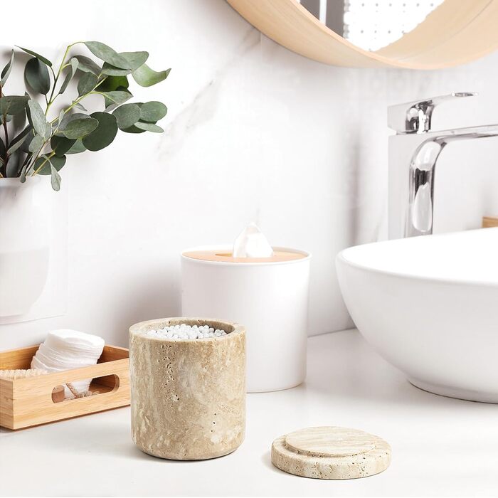 Контейнер для ватних паличок WORHE Q-Tip Marble, тримач для ватних паличок з натурального мармуру з кришкою, ємність для зберігання ватних паличок, ватних кульок, подушечок для макіяжу, натуральний мармуровий білий (DE WH050)