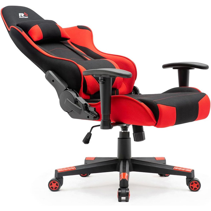 Тканинне ігрове крісло SRACER R6, ігрове крісло до 130 кг, гоночне крісло з підголівником, з поперековою опорою, з 2D підлокітниками, чорно-червоне