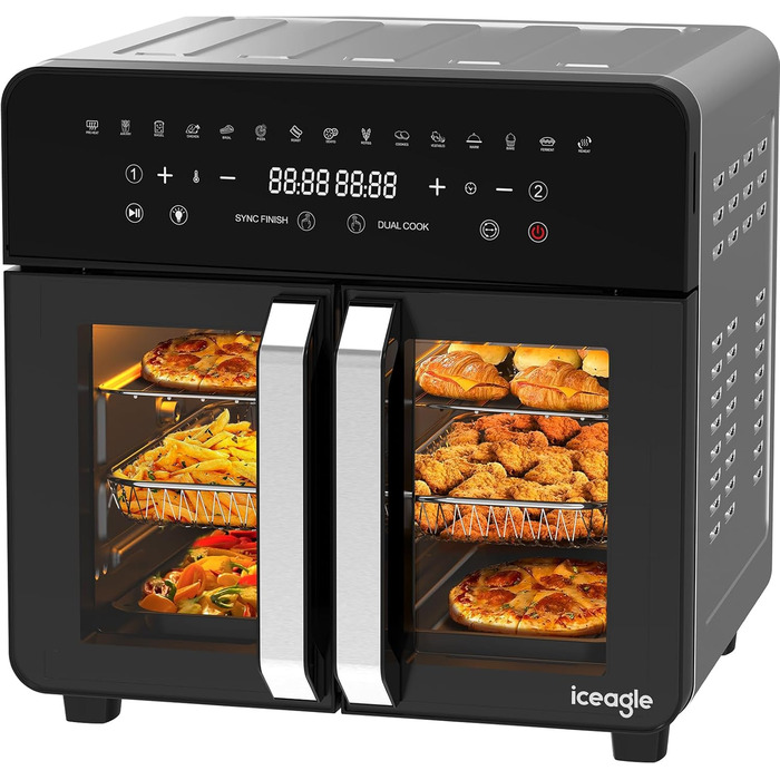 Фритюрниця iceagle 23 л Dual Zone- Мультипіч XXL з французькими дверцятами Духова шафа для фритюрниці з подвійною камерою, 15 програм, 2200 Вт, 12 аксесуарів, знімний роздільник для гнучкого місця для приготування їжі
