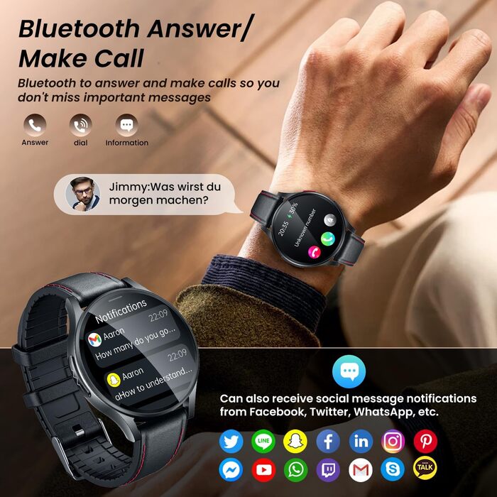 Чоловічий смарт-годинник з ЕКГ HDR-монітором артеріального тиску круглий AMOLED-смарт-годинник 1,43 дюйма зі шкіряним ремінцем, водонепроникний, пульсометр, крокомір, функція телефону, фітнес-годинник, сумісний з Android/iOS, чорний