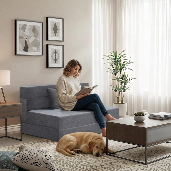 Двоспальний диван-ліжко 100 x 203 см, розкладний диван-ліжко, гостьовий матрац для 2 осіб - функція сну, диван-ліжко для вітальні/спальні з піною з ефектом пам&39яті та подушками, комплект крісел, що праються, темно-сірий, одинарний темно-сірий