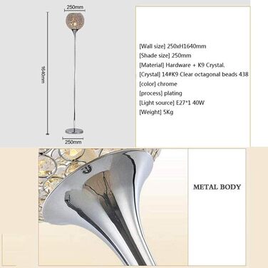 Торшер WANGIRL Crystal Modern Вітальня, Тримач лампи Footswitch Control E27, Кришталева лампа-підставка Chrome Silver (9.84 64.6')