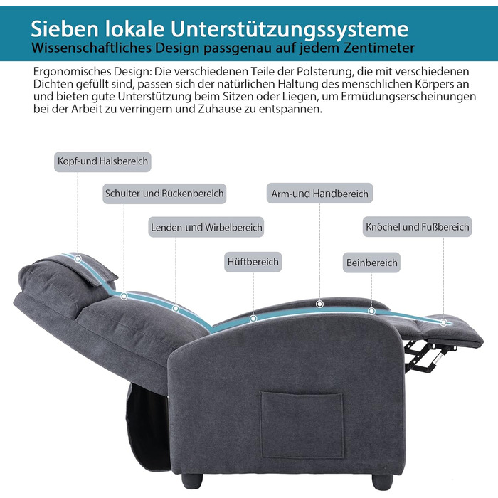 Крісло-реклайнер, крісло під телевізор з функцією відкидання, функція масажу, функція підігріву, масажне крісло з пультом дистанційного керування, тканинний шезлонг, сірий реклайнер з поліестерової суміші