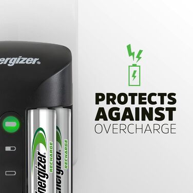 Зарядний пристрій Energizer Recharge Value з 4 акумуляторними батареями типу AA NiMH у комплекті. Зарядний пристрій Pro із зарядним пристроєм на 4 батарейки типу AA та батареями.