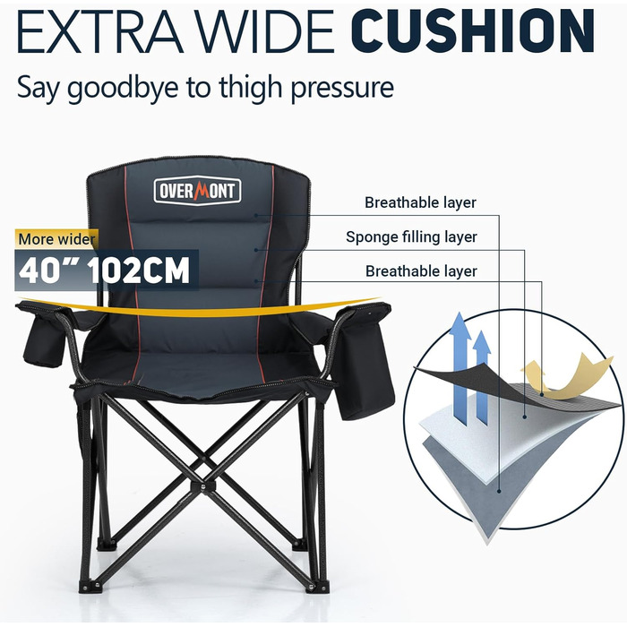 Великий складний кемпінговий стілець Overmont - Витримує до 204 кг - М&39який складний стілець з тримачем для напоїв, сумкою-холодильником, високою спинкою, чорний/сірий, 61 см x 61 см x 101 см