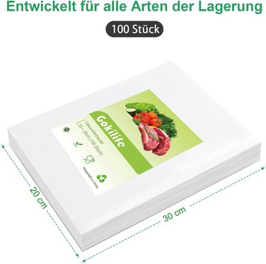Вакуумний пакувальник Gokilife - 100 пакетів 20x30 см зі стійкістю до розриву приблизно 450 мкм, вакуумна плівка для всіх вакуумних пакувальників і вакууматорів харчових продуктів, професійні пакети з фольги без BPA, кип'яткостійкі та пакети для заморожув