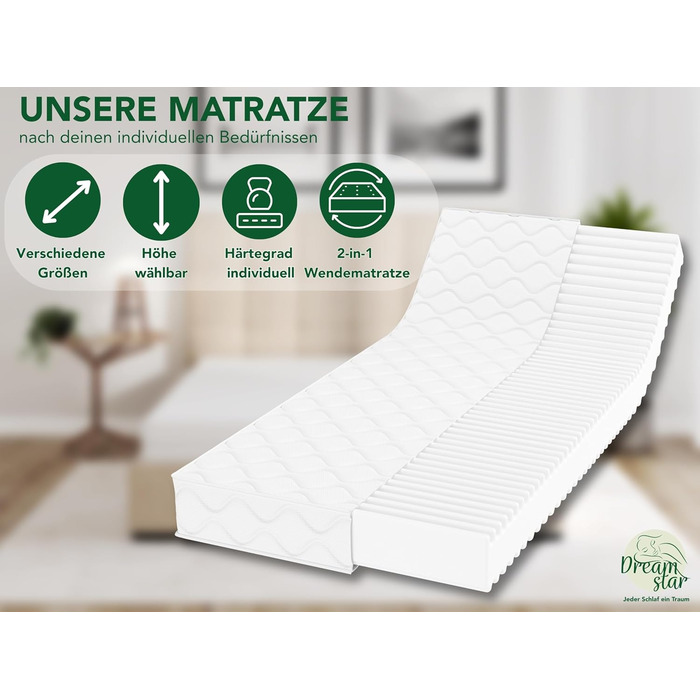 Матрац DREAMSTAR Ergo Flex Duo 7-зонний 90x200 см H2 та H3 Ергономічний матрац з холодної піни Гіпоалергенний та антибактеріальний Знімний та пральний чохол Oeko-Tex (16 см, 90 x 200 см) 90 x 200 см H2 та H3