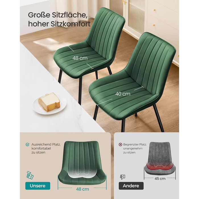 Комплект обідніх стільців з 2 шт. , Кухонний стілець, Оксамитовий, М&39який стілець, Витримує вагу до 120 кг, Сталеві ніжки, Вигнута спинка, Для їдальні, Кухня, Зелено-чорний LDC090C01 Зелений комплект з 2 шт.
