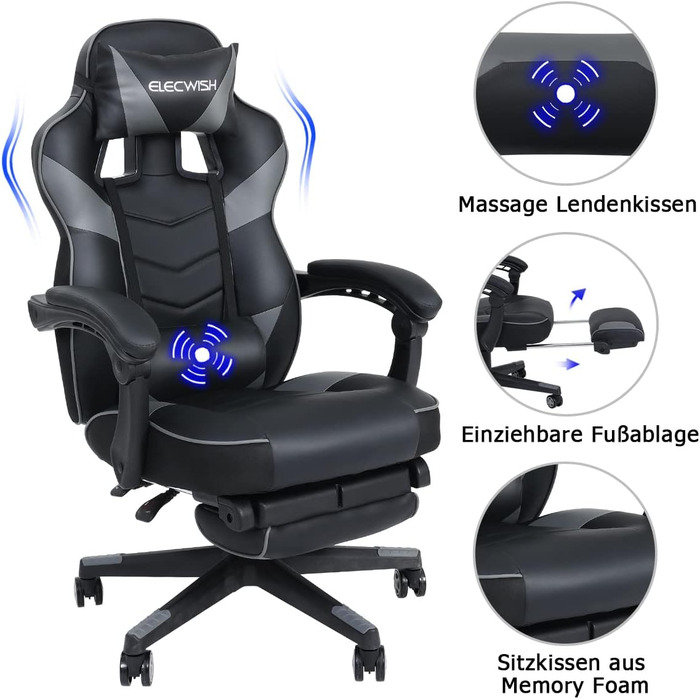 Ігрове крісло Fullwatt, ергономічне офісне крісло для гонок з функцією масажу, підставка для ніг, регульована спинка 90-150, знімний підголівник та поперекова опора, шкіра штучна, сірий та чорний, для дорослих
