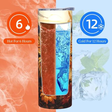 Кухоль з прямою трубочкою, 590 мл, помаранчевий/жовтий, поле метеликів, квіти, дорожній кухоль з принтом, підходить для кемпінгу, офісу та дому