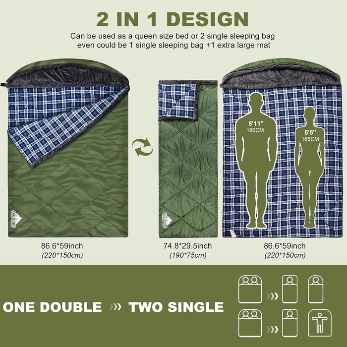 Подвійний спальний мішок AGEMORE для дорослих, бавовняна фланель, спальний мішок на 2 особи для кемпінгу в холодну погоду, розмір &quotqueen-size&quot, водонепроникний спальний мішок-ковдра з флісовою підкладкою та капюшоном, 3-4 сезони, армійський зелени