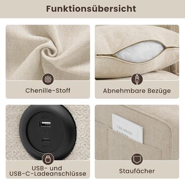 Розкладний секційний диван 250 см з шезлонгом, сучасний L-подібний двосторонній дизайн, зручна тканина шеніл, знімні чохли для подушок, порти USB Type-C (бежевий, 3-місний L-подібний)