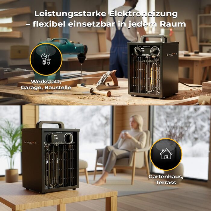 Електричний вентилятор-обігрівач 3 кВт з термостатом, IP24 EH-3 PRO, обігрівач для майстерні, 495 м/год, радіатор, обігрівач для гаража, обігрівач для будівництва, енергозберігаючий вентилятор-обігрівач