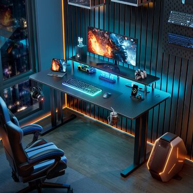 Ігровий стіл зі світлодіодним підсвічуванням, 160 x 60 см, ігровий стіл з 3 розетками та 2 USB-портами, комп&39ютерний стіл з підставкою для монітора, стабільний ігровий стіл для ПК для офісу та ігор, чорний, стіл 160 см