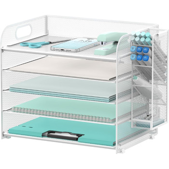 Рівневий органайзер для столу з ручкою та знімними тримачами для ручок, сітчастий органайзер для паперу/файлів на столі, лоток для листів та канцелярського приладдя (білий) Білий 1, 5-