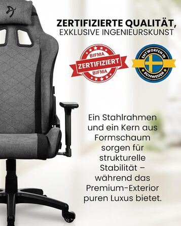 Ігрове крісло Arozzi Avanti Ергономічне ігрове крісло з мякої тканини, регульоване по висоті з регульованою спинкою та підлокітниками, підголівником, шведський дизайн для домашнього офісу та ігор Попелясто-сірий