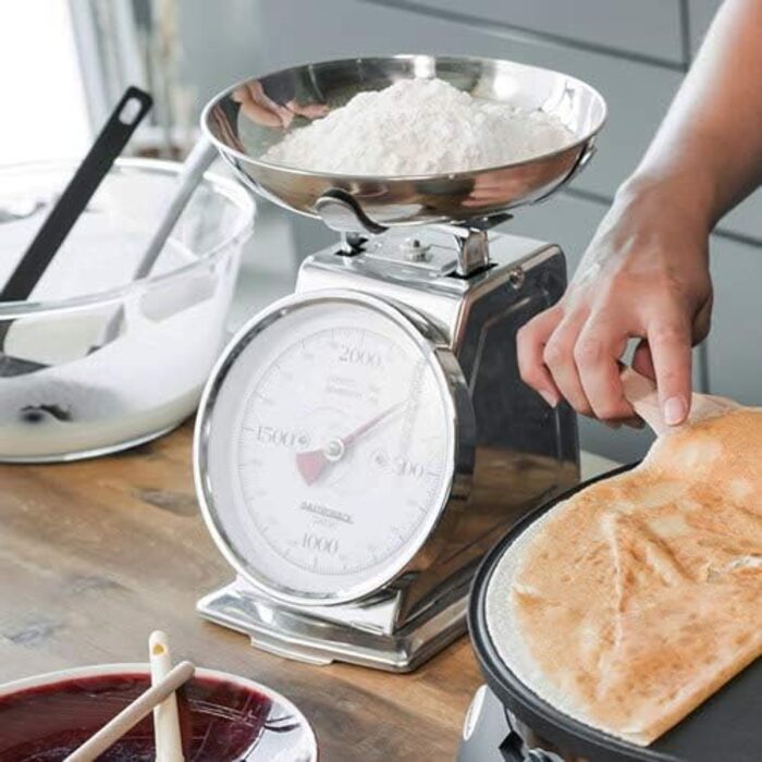 Ваги, 2 кг з функцією тари, кухонні ваги, аналогові, з чашею для зважування, поліровані, нержавіюча сталь сріблястого кольору, 301