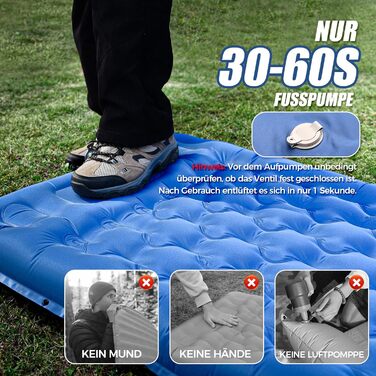 Килимок для сну NAPASA, потовщений надувний матрац 14 см із вбудованим насосом для ніг та подушкою, водонепроникний, килимок для сну з антипіреновим покриттям для походів, пляжу, подорожей, намету (синій) 3 шт. нашивки - синій