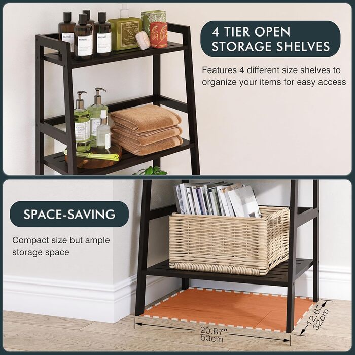 Чорна полиця-драбина HITNET, бамбукова книжкова полиця з 4 ярусами, окремостояча підставка для рослин, що економить місце, для спальні, ванної кімнати, балкона