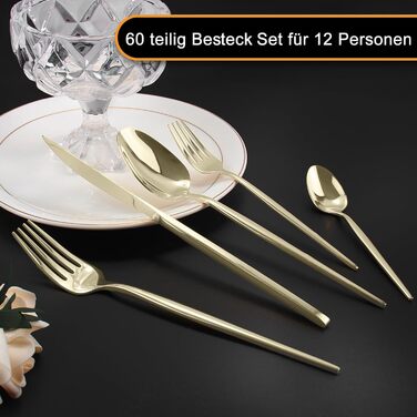 Набір столових приборів на 12 осіб, 60 предметів, колір шампанське золото, ніж з нержавіючої сталі, виделка, ложка, полірований набір столових приборів з високим глянцем, блискучі столові прибори, можна мити в посудомийній машині, колір шампанське на 60 п