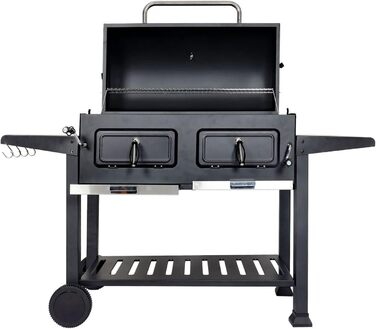 Мангал HWC-K94, візок для барбекю BBQ садовий з кришкою-поличкою, емальована сталь 110x153x60см чорний